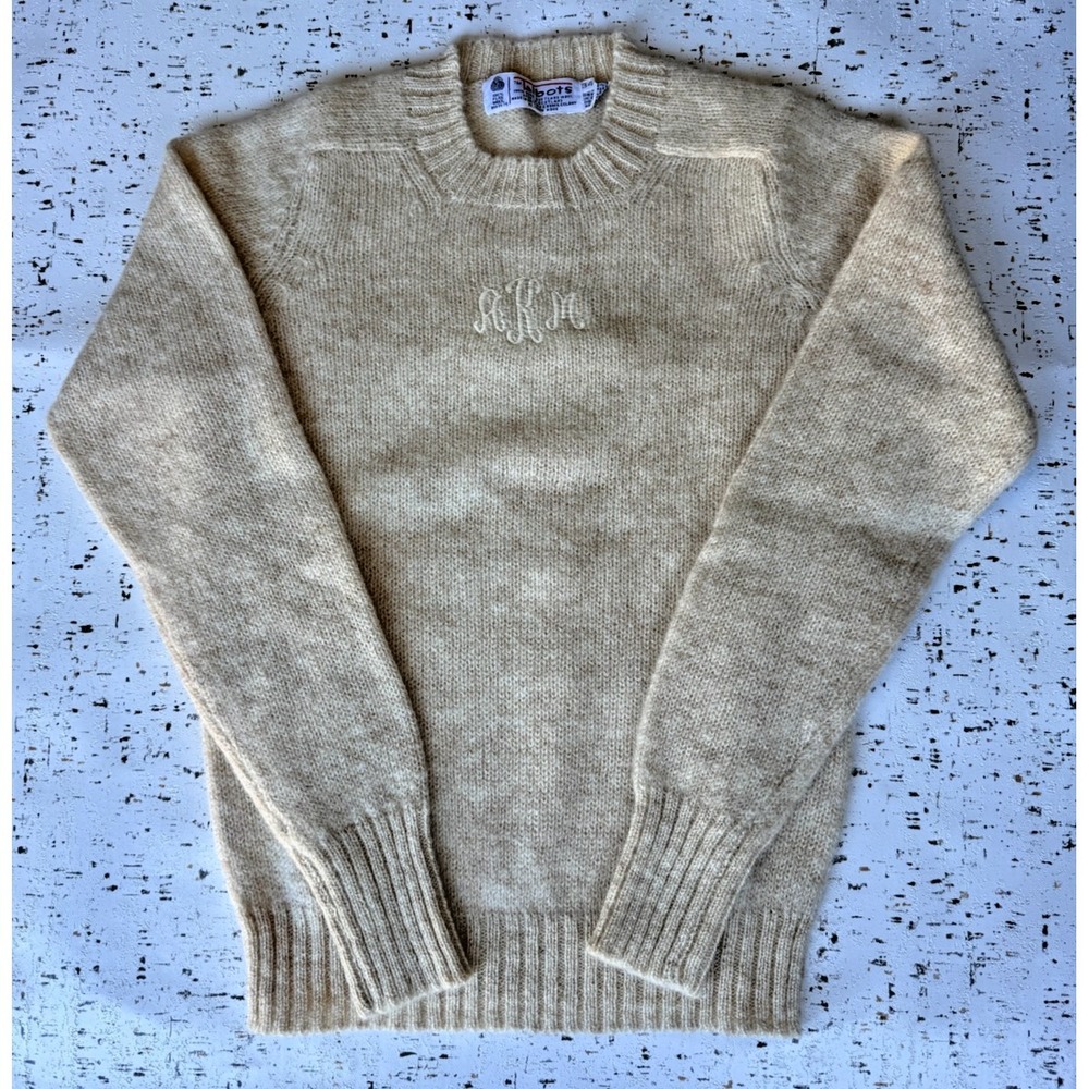 VTG Womens Sz Small The Talbots Tan 100% Wool Monogram Pullover Sweater Crewneck